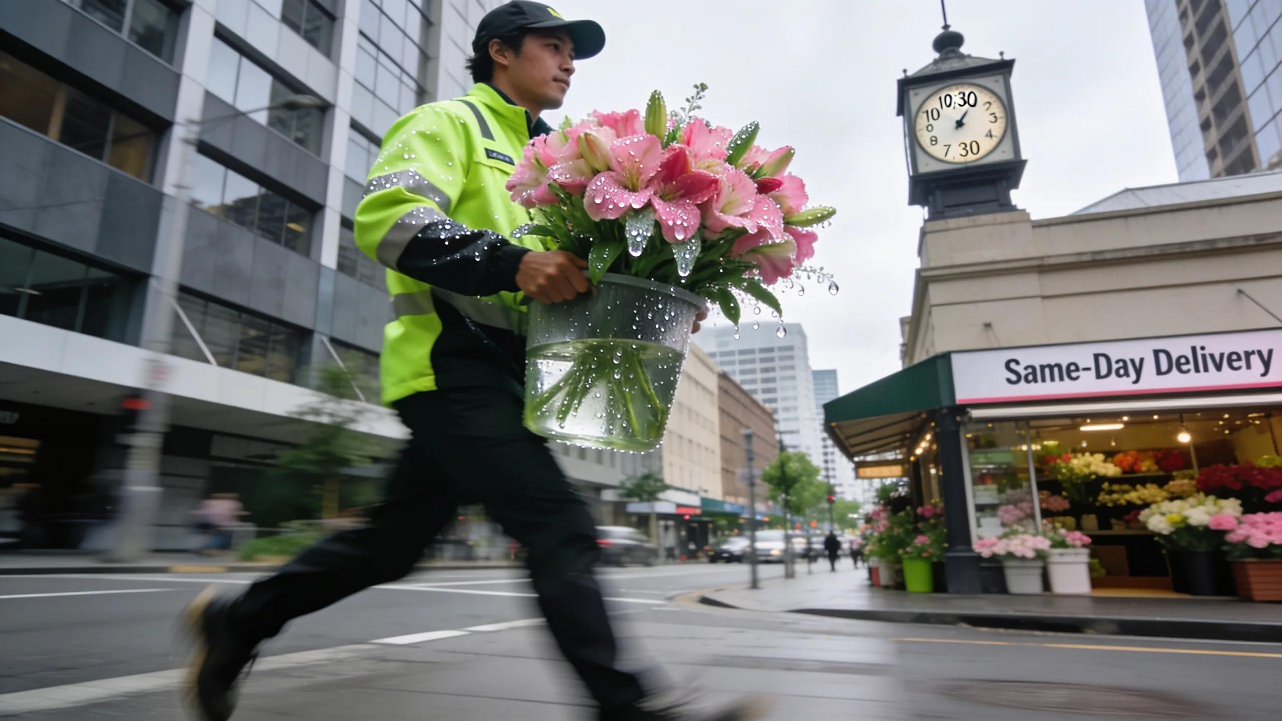 Dynamic same-day flower delivery showcasing urban service efficiency