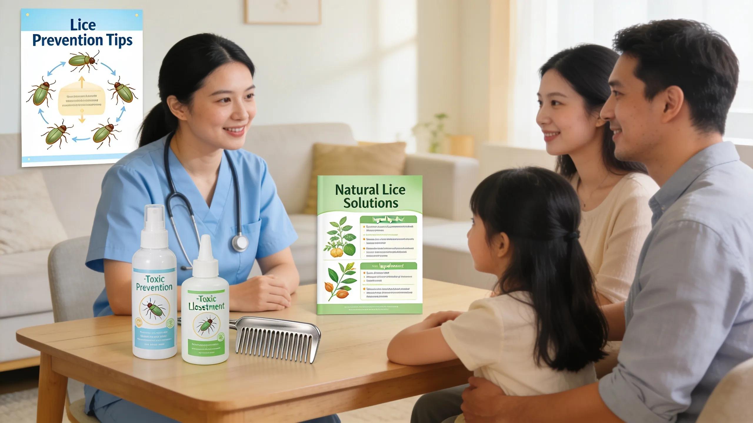 Nurse educating parents on non-toxic lice prevention methods in a home setting, highlighting safety and effectiveness
