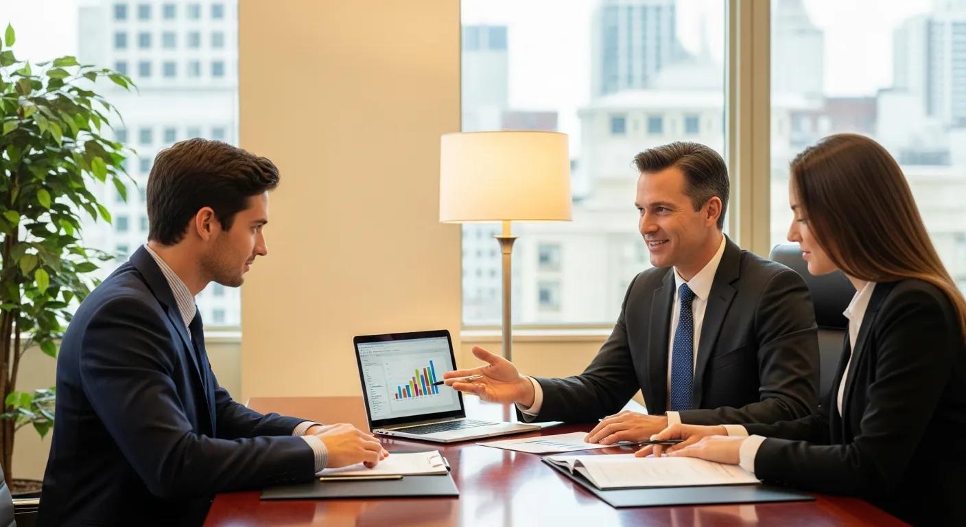 Financial advisor discussing loan options with a couple in a professional setting