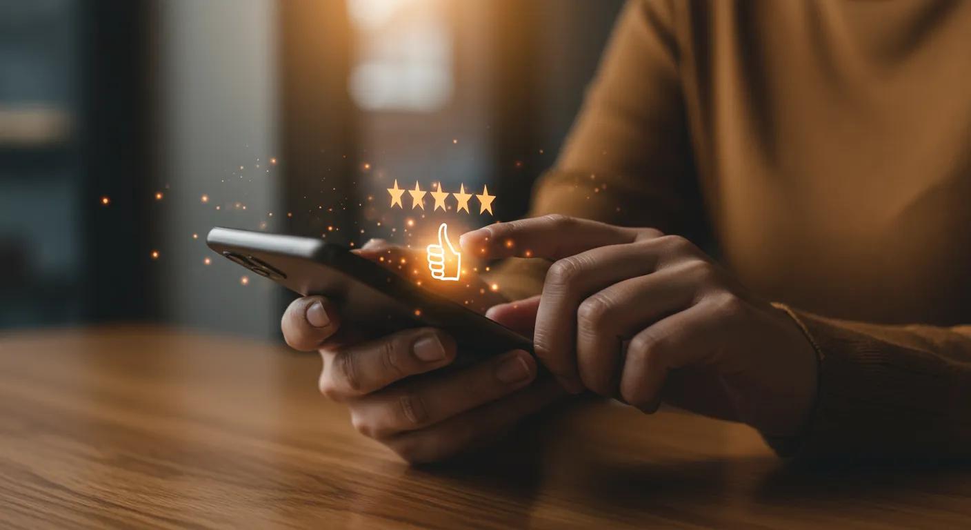 Close-up of a customer giving a five-star rating on a smartphone, an effective way for Buffalo businesses to boost their local search ranking.