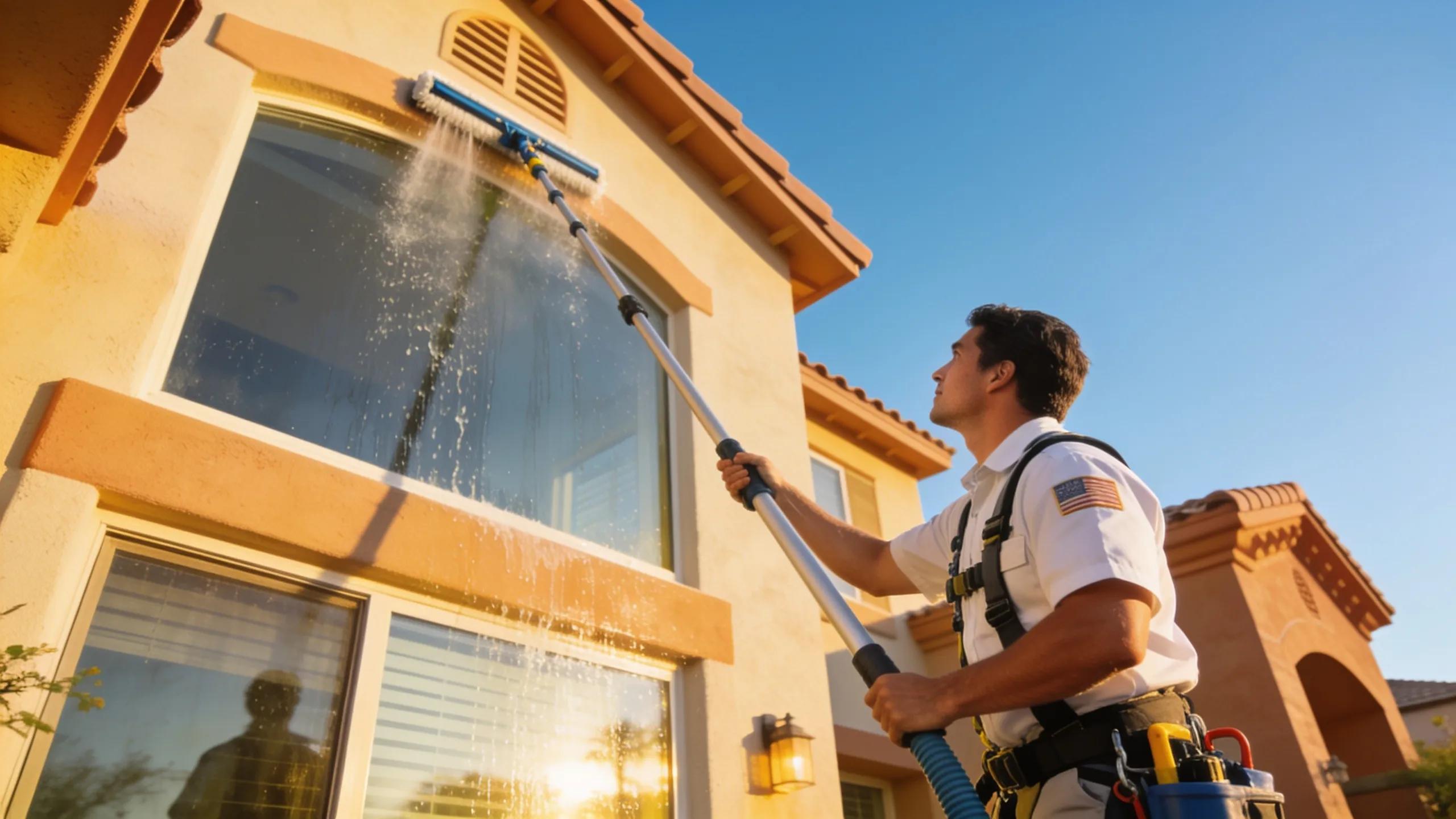 Professional window cleaner using water-fed pole in residential Phoenix setting