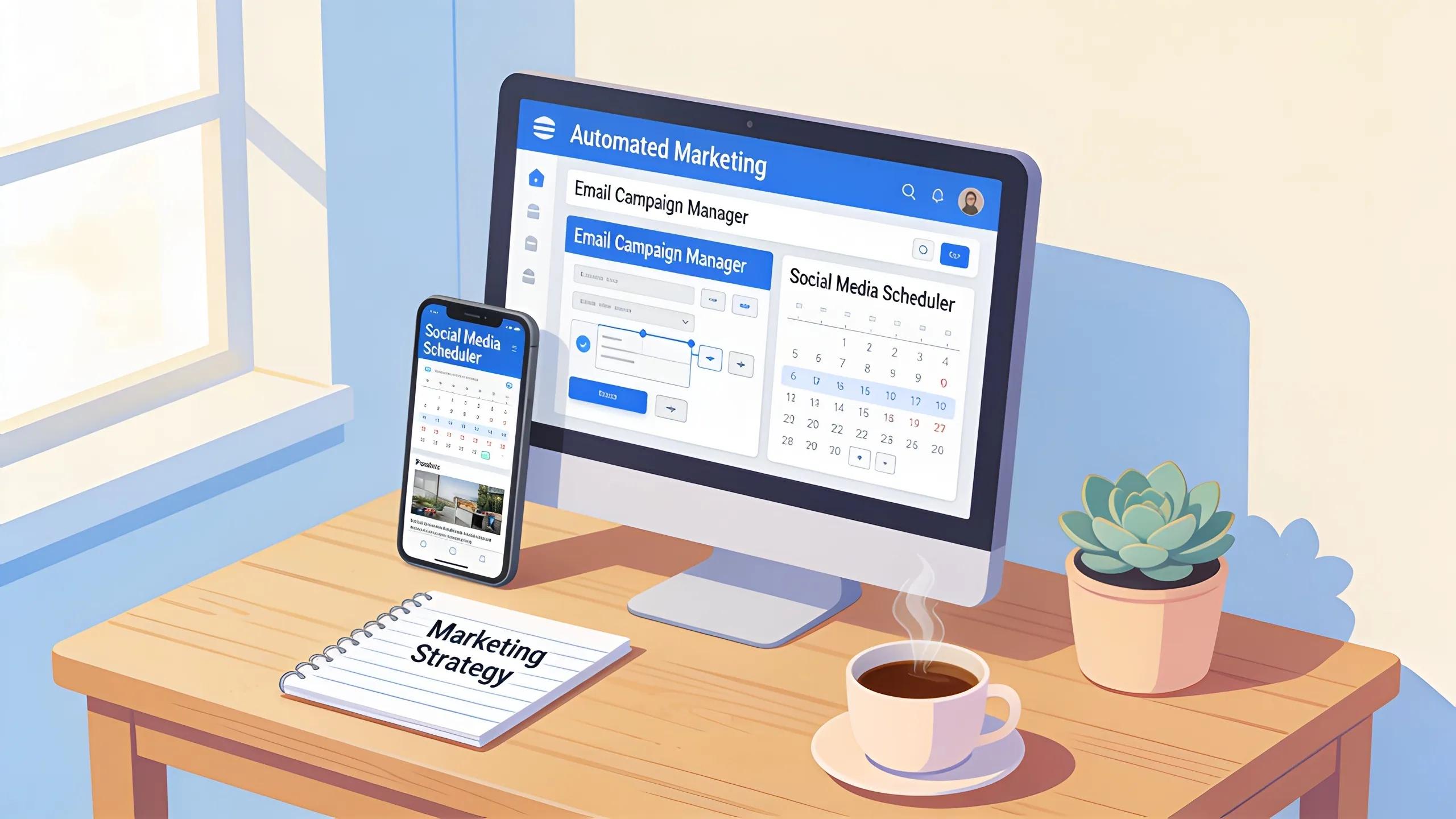 Screens showcasing automated marketing tools for contractors in a modern office setting