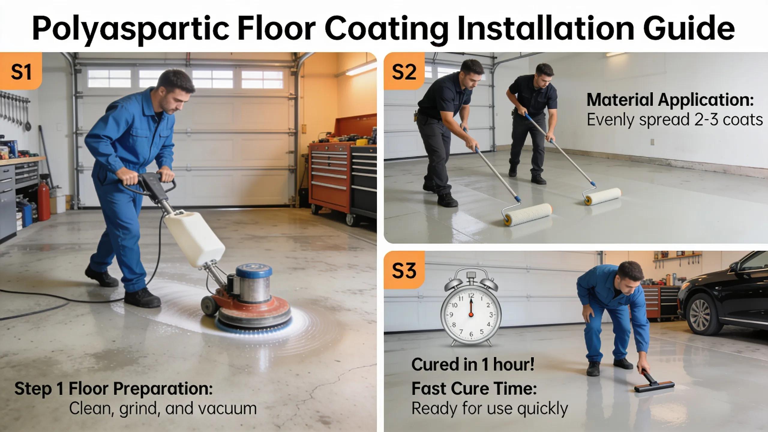 Step-by-step installation process of polyaspartic floor coatings, emphasizing fast curing and professional application