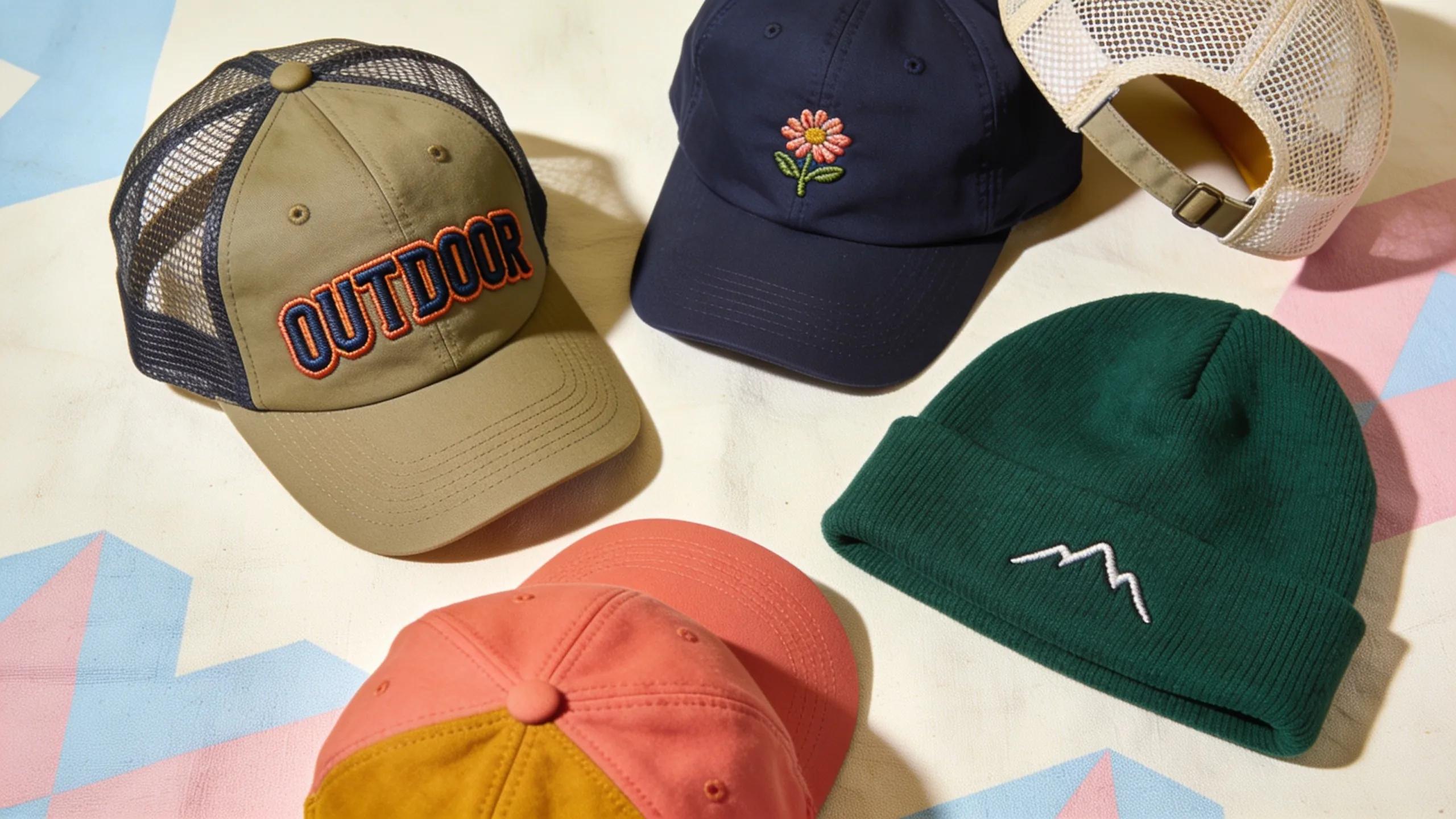 Flat lay of popular cap styles for custom embroidery, highlighting variety and design options