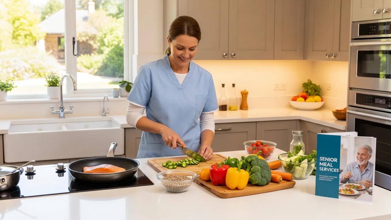 Caregiver preparing a nutritious meal in a bright kitchen, showcasing meal preparation services for seniors
