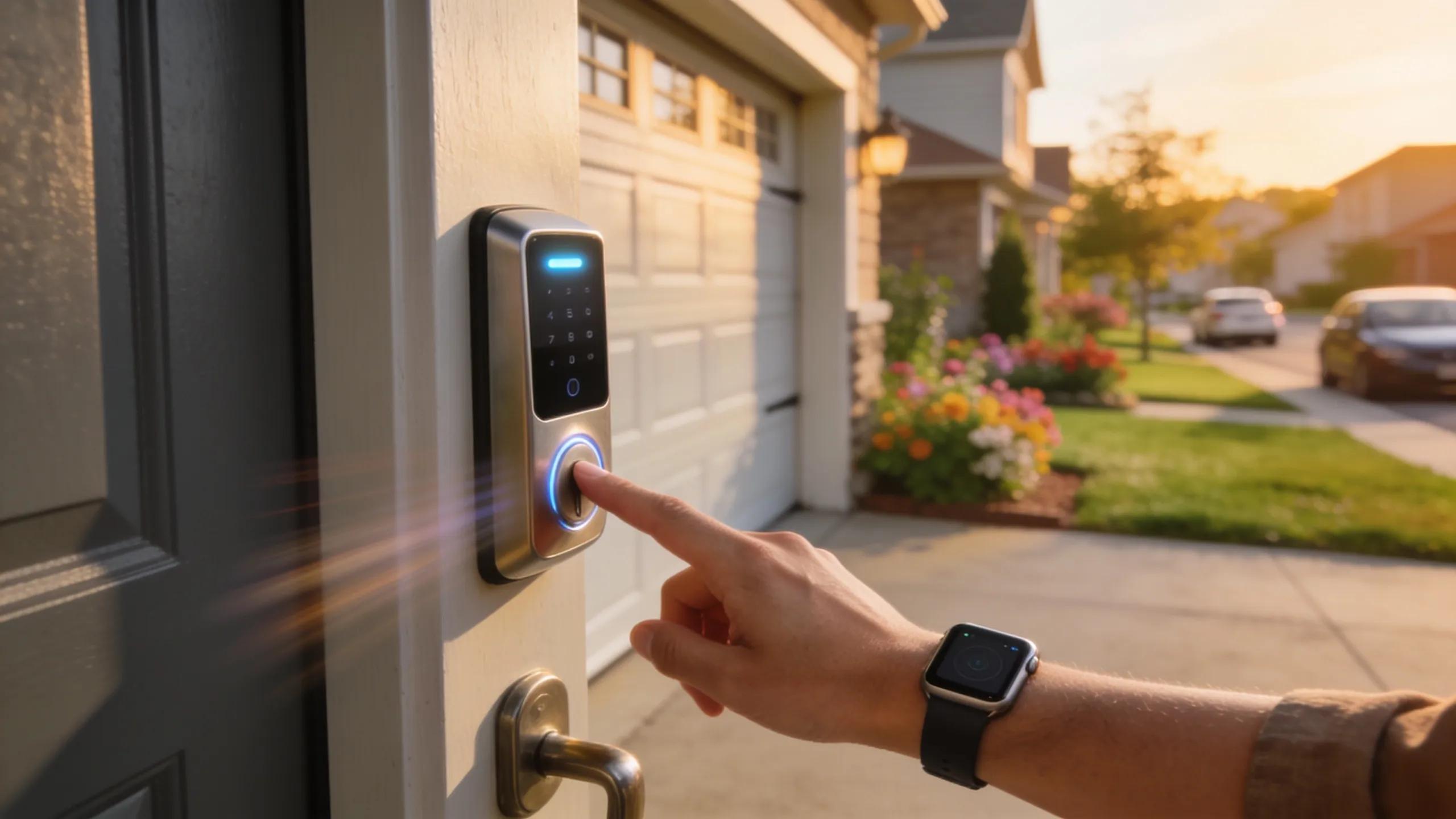 Close-up of a smart lock on a garage door, illustrating lockout prevention for homeowners in Montreal