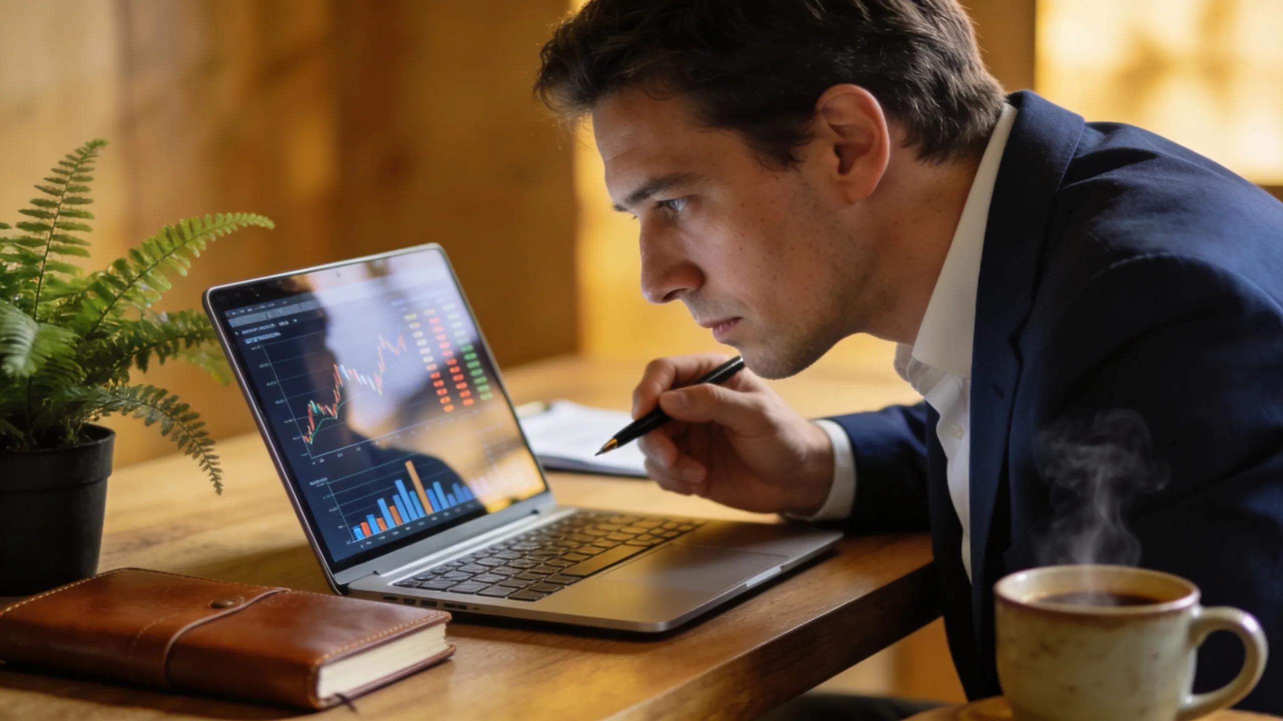 Investor analyzing internal rate of return metrics on a laptop in a cozy workspace