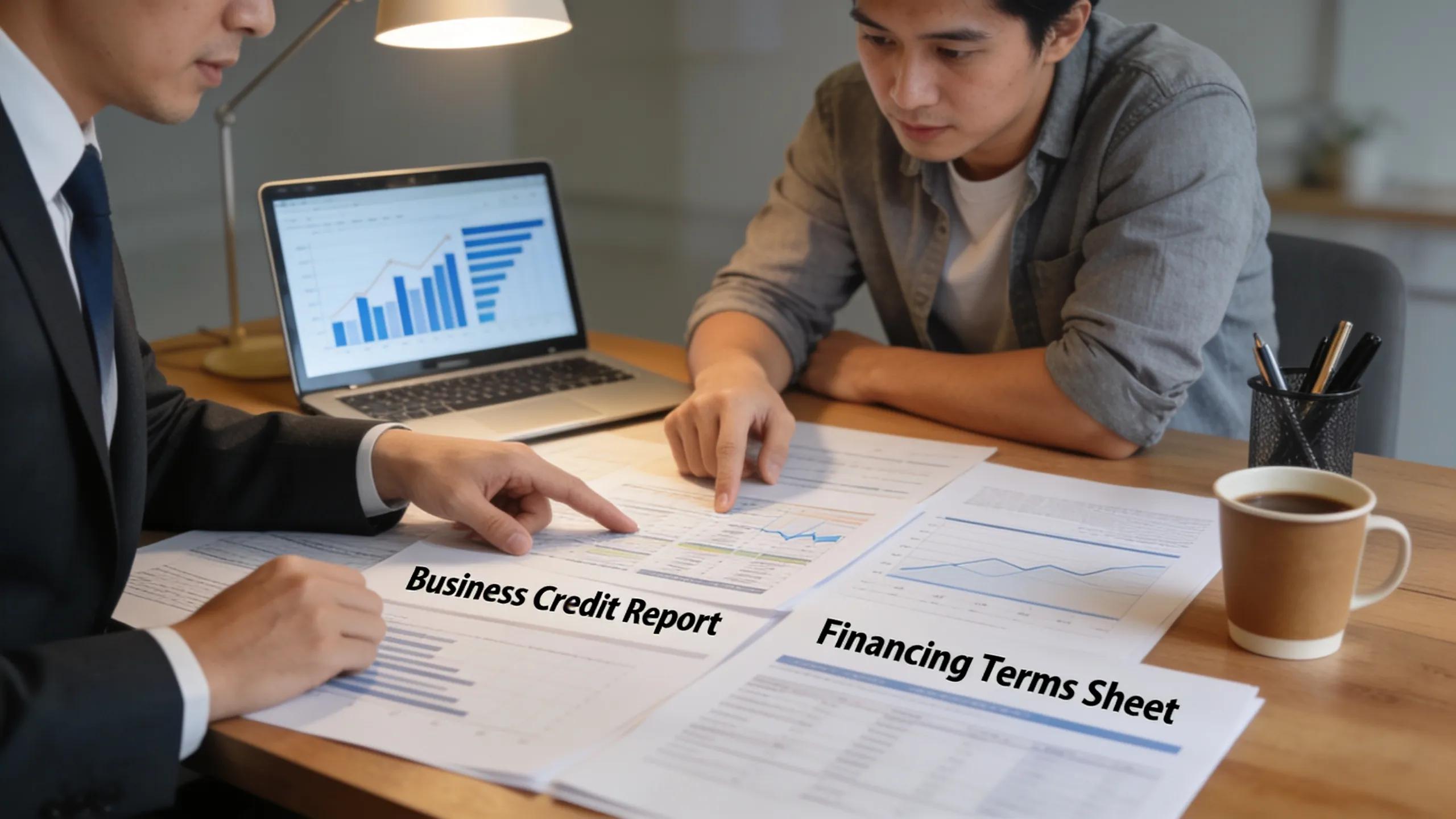 Business consultant assisting a startup owner with understanding business credit for financing