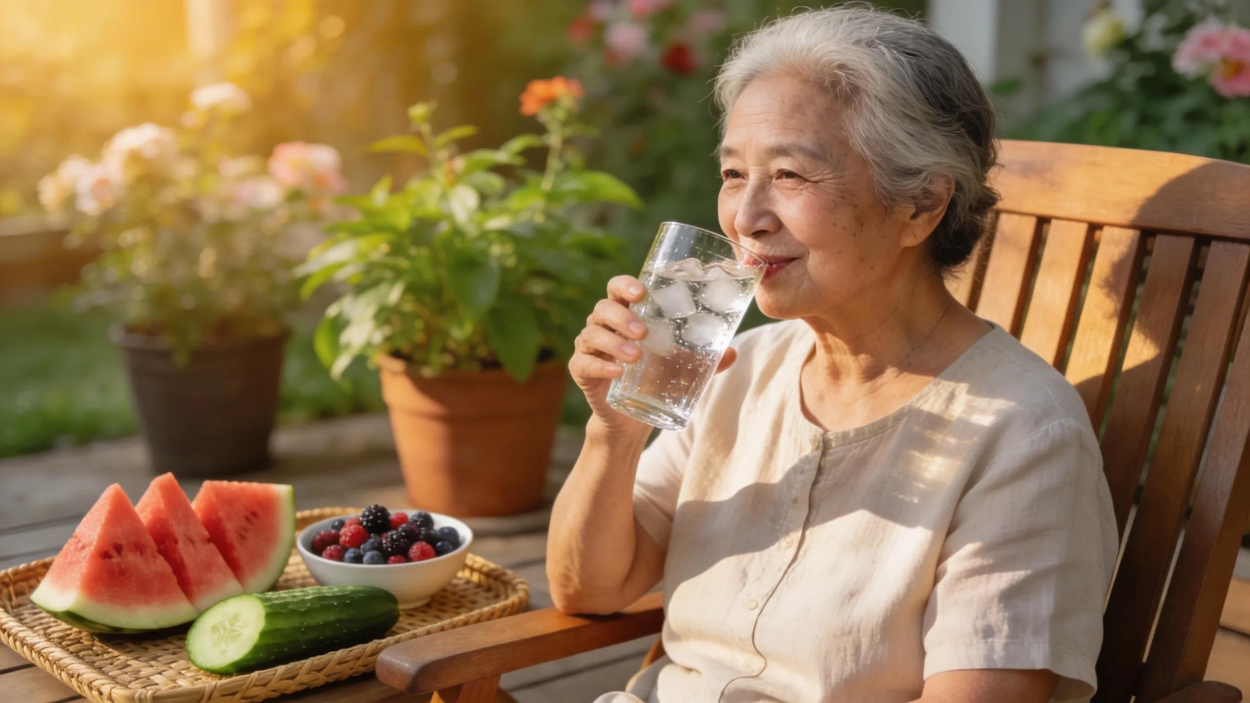 A senior drinking water surrounded by hydrating fruits and vegetables, highlighting the importance of hydration for elderly wellness