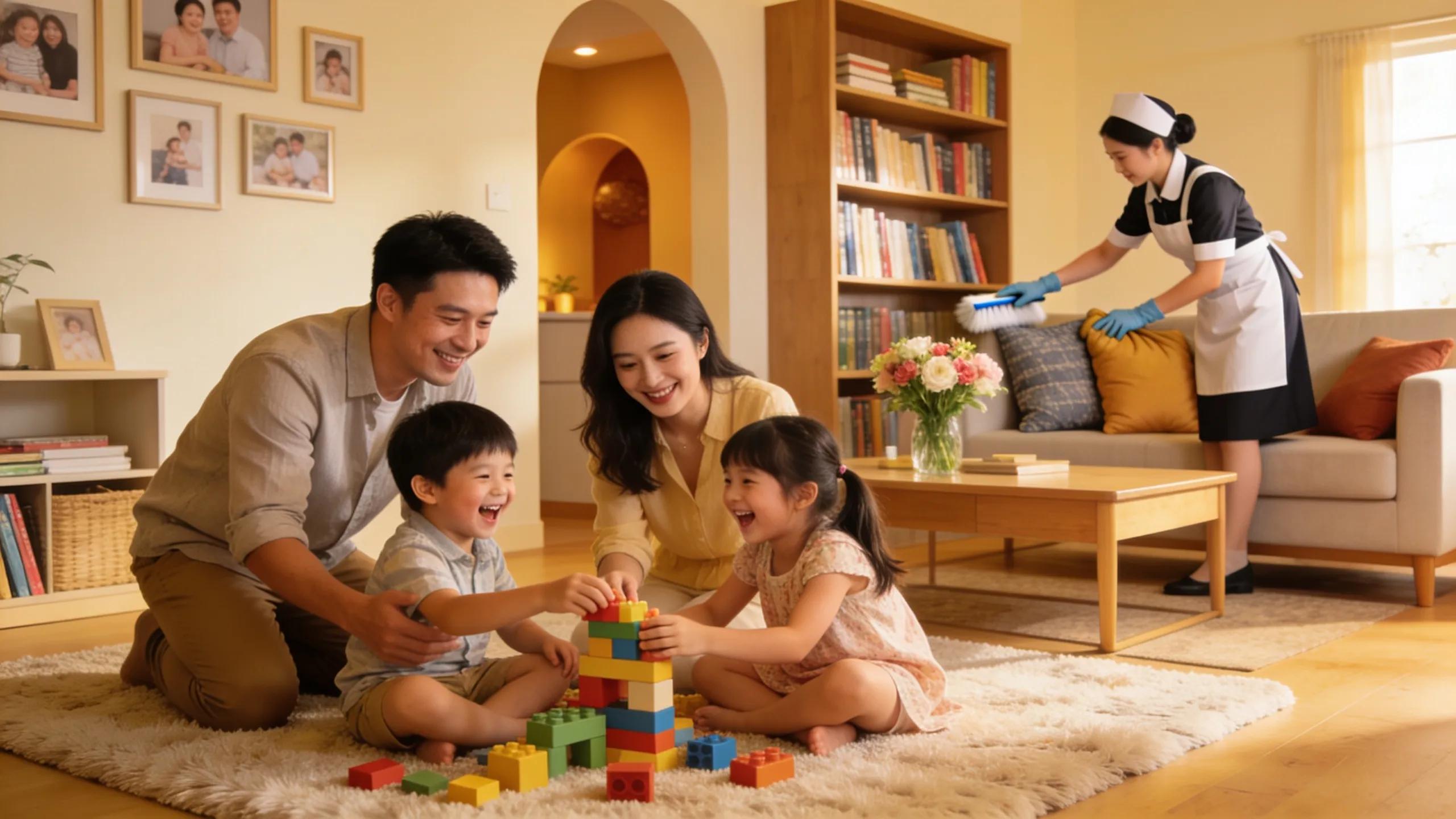 Busy family engaging in playful activities thanks to the time saved by maid service