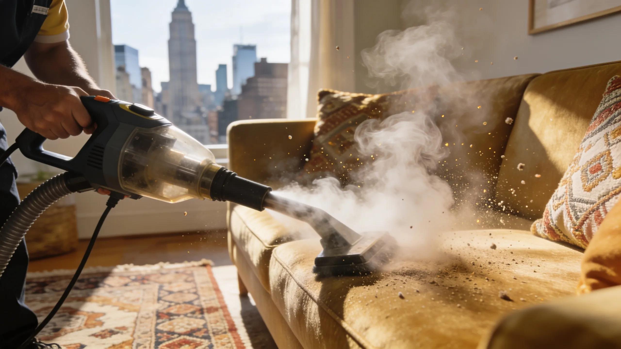 High-temperature steam cleaning in a cozy New York City living room