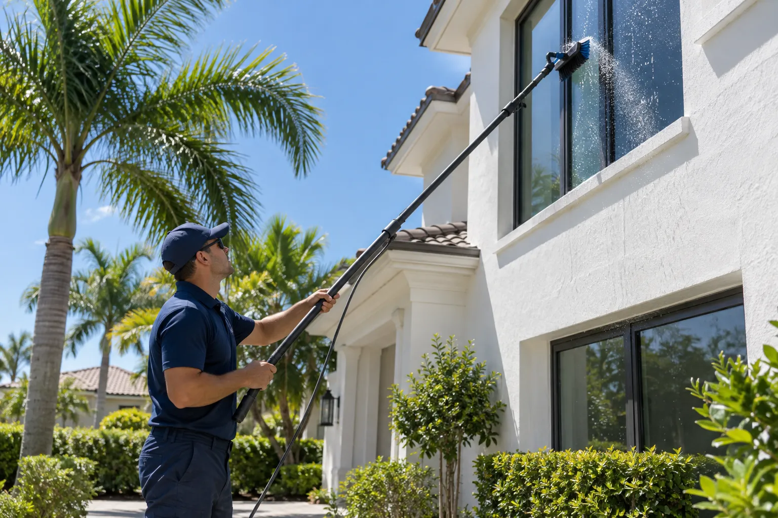 Window cleaning West Palm Beach home with a water-fed pole