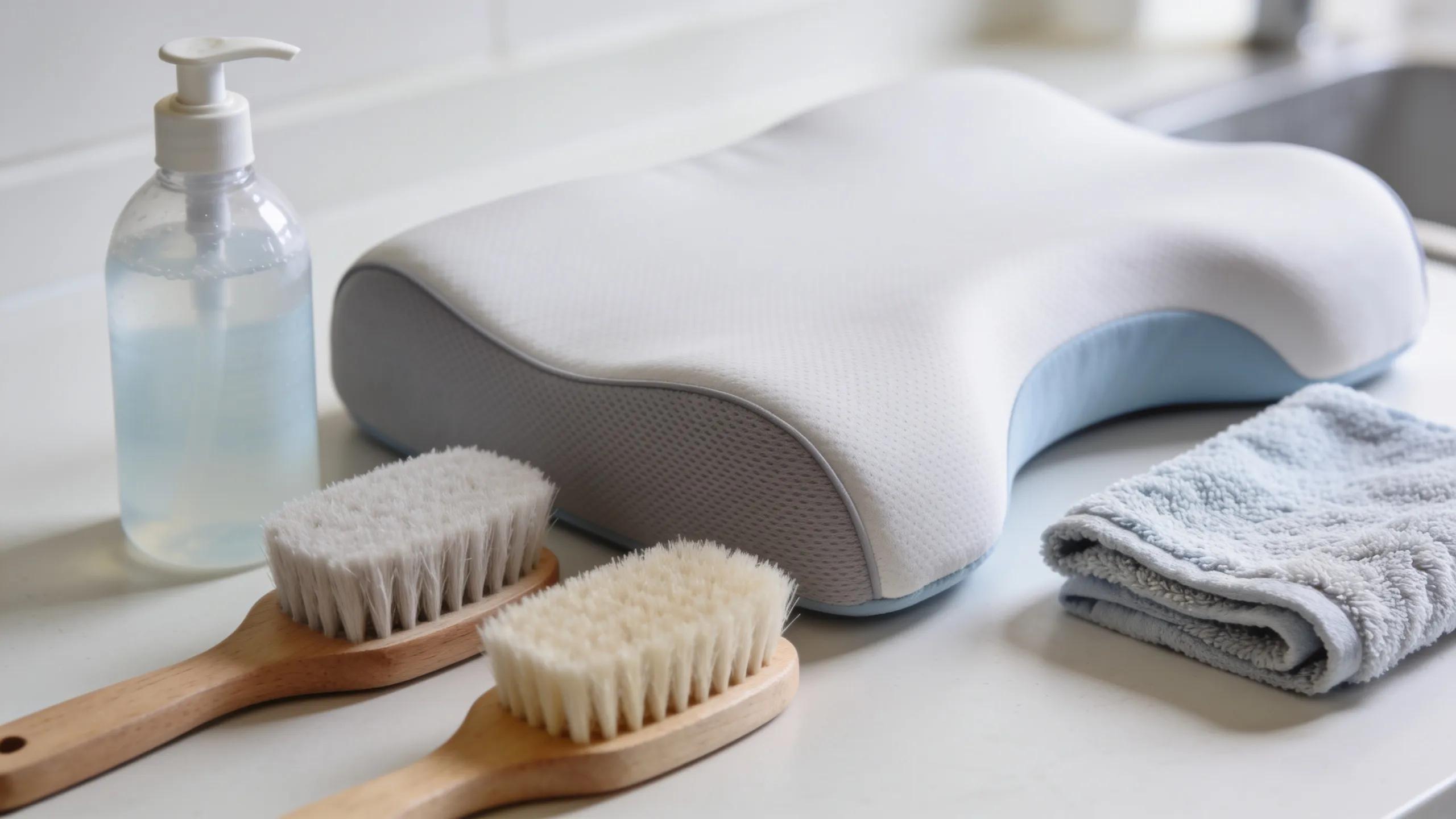Cleaning tools and an ergonomic pillow, illustrating maintenance methods for optimal neck support.