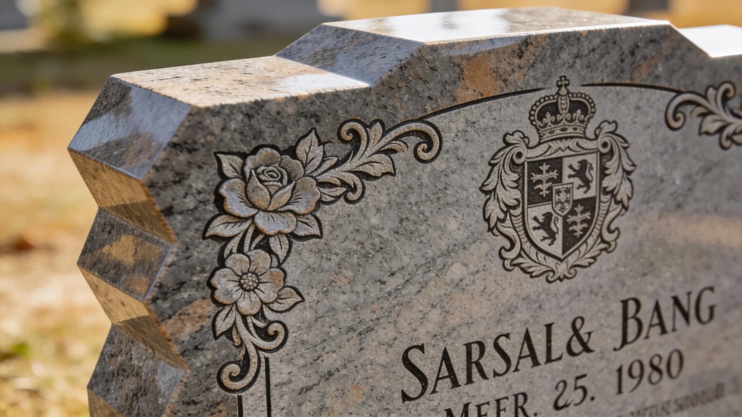 Close-up of a granite grave marker with intricate engravings, highlighting customization options for families
