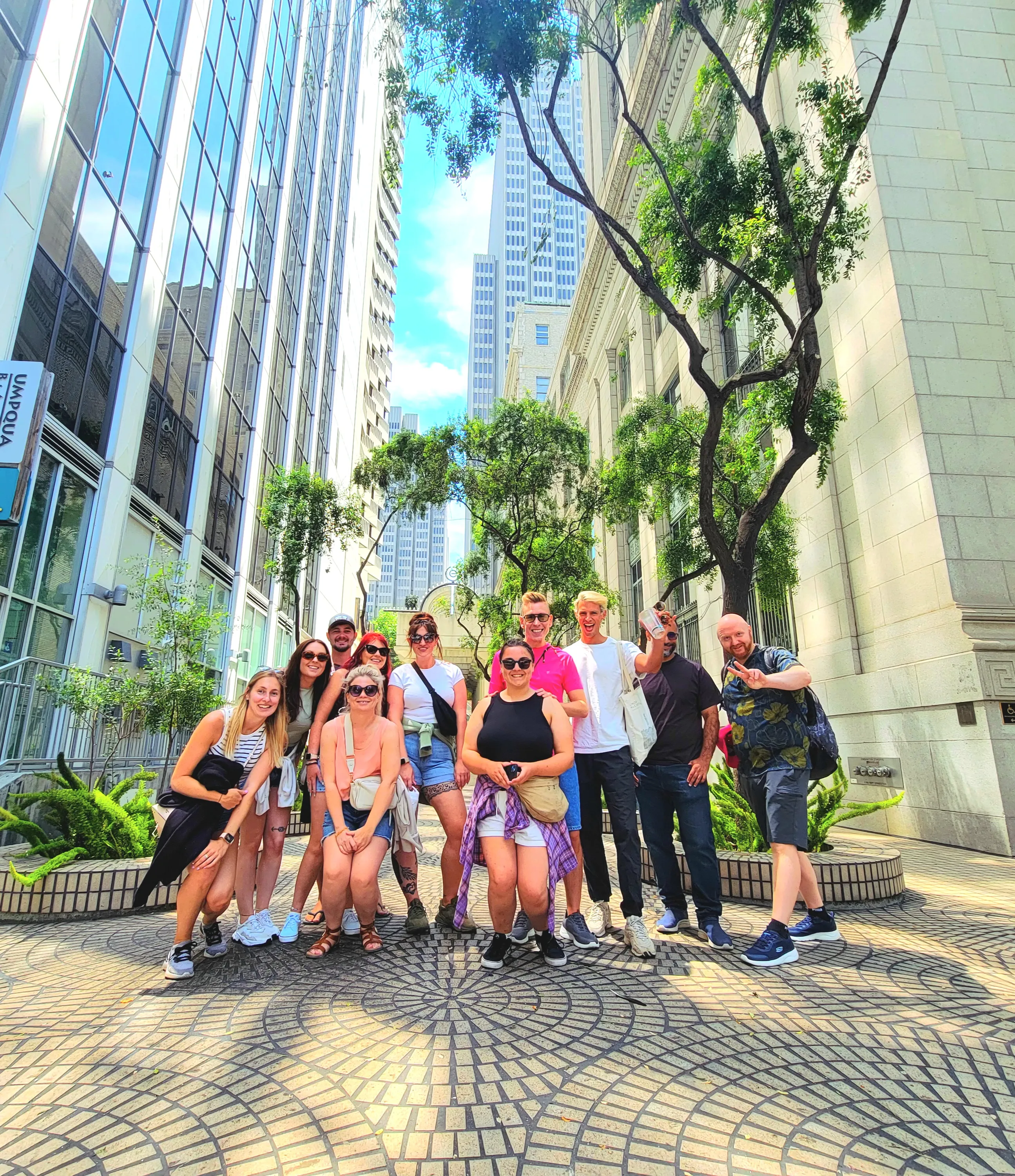 Free walking tour group on a sunny San Francisco street near Maiden Lane Union Square