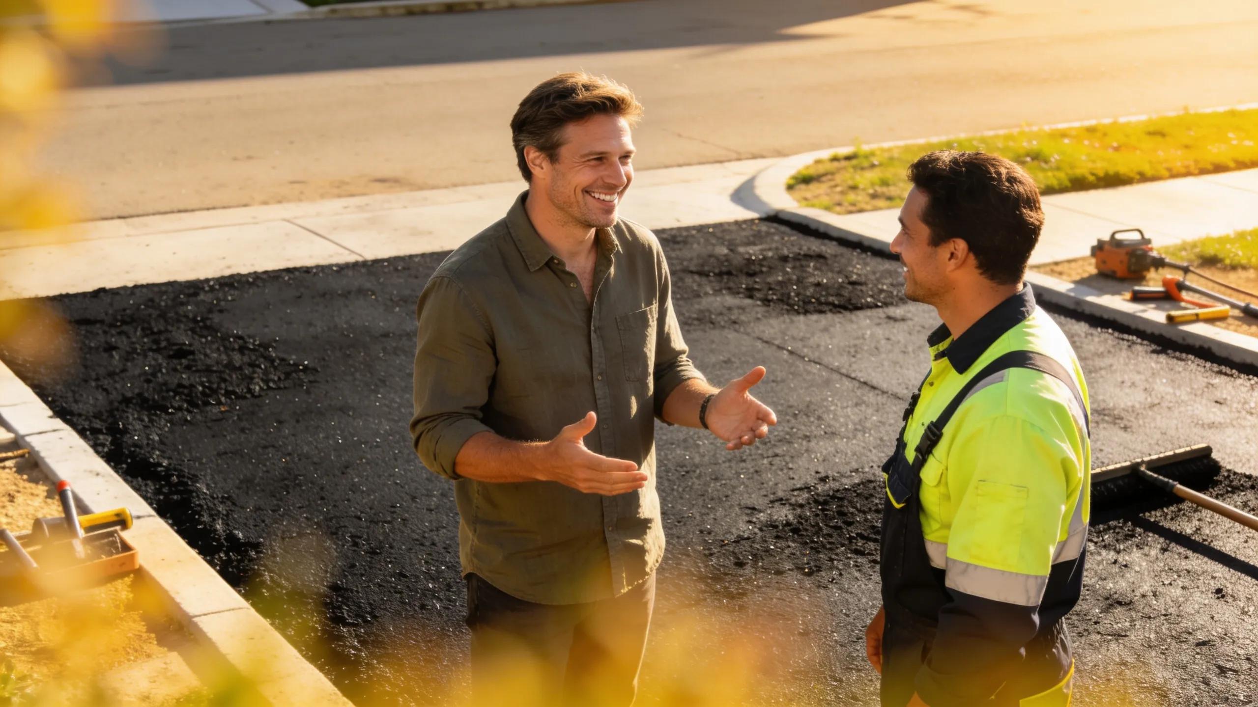 Happy homeowner interacting with a contractor after a successful asphalt paving project