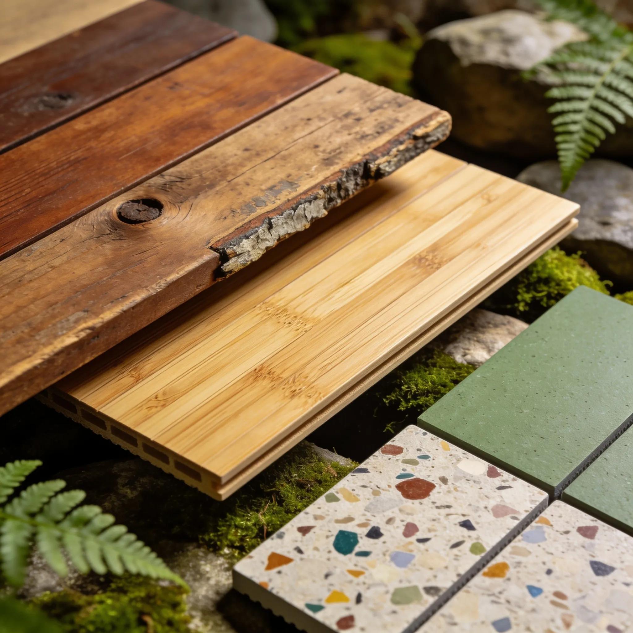 Close-up of reclaimed wood, bamboo, and recycled composite flooring highlighting eco-friendly choices and textures.