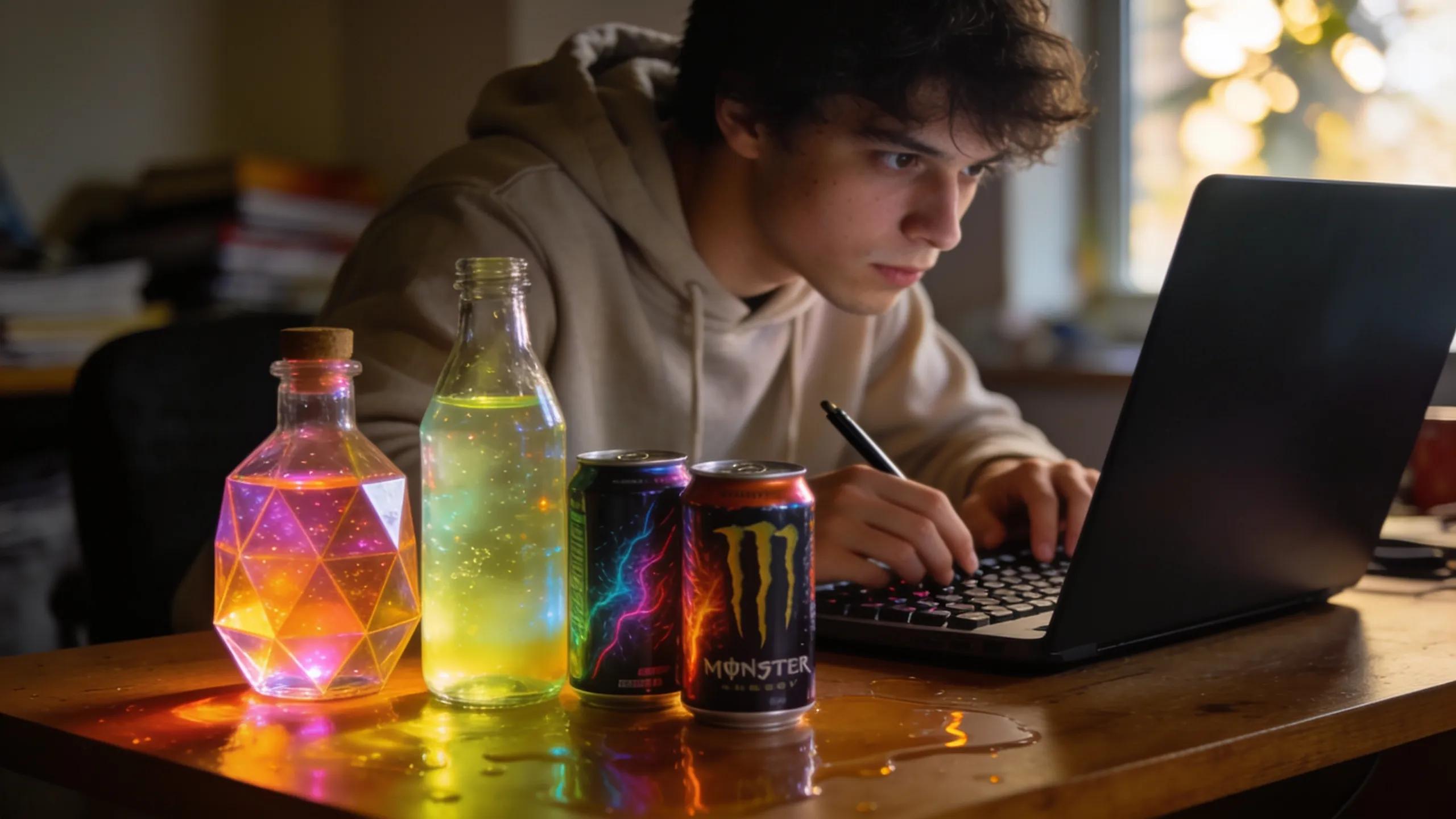 Focused individual showcasing the cognitive effects of nootropic energy enhancers compared to traditional energy drinks