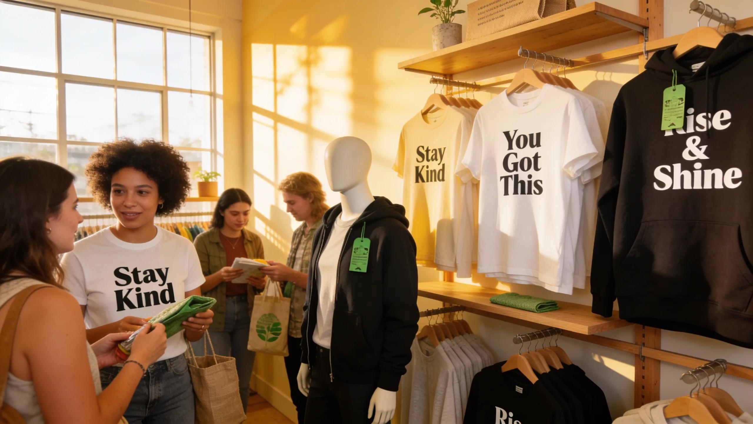 Trendy retail display of affirmation streetwear with customers engaging and connecting with motivational apparel, emphasizing consumer behavior.