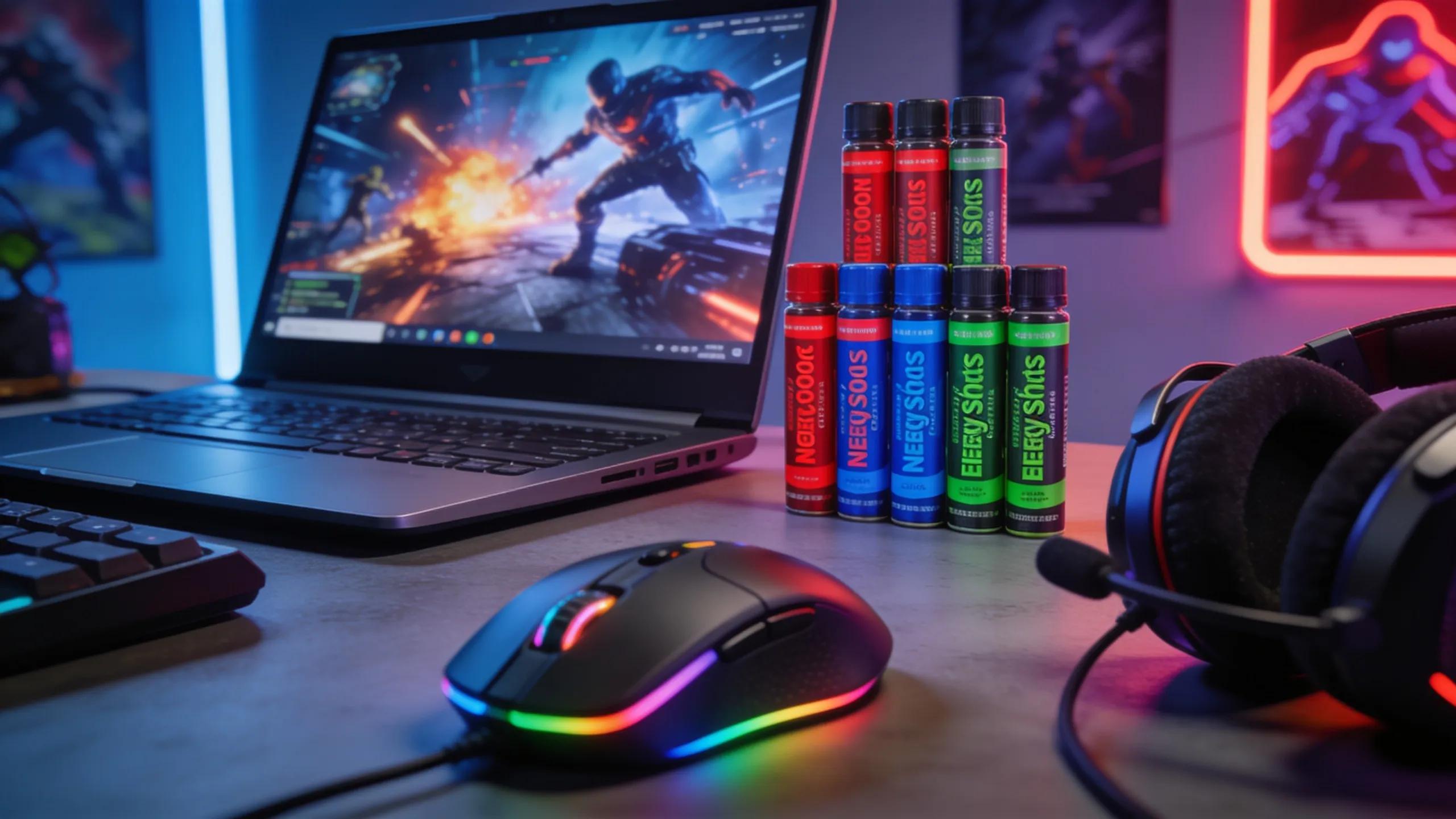 Visual representation of cognitive benefits from nootropic energy shots in gaming