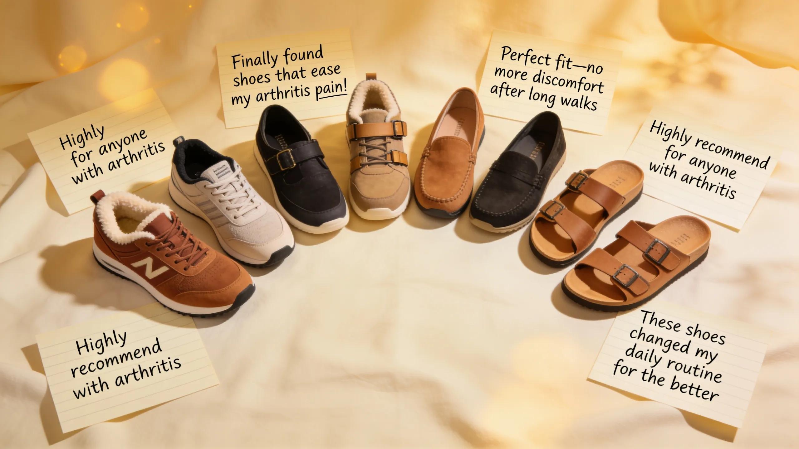 Flat lay of arthritis shoes with positive customer reviews emphasizing comfort and satisfaction