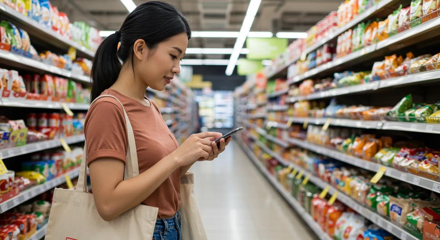 Person using a phone in a grocery aisle with a categorized shopping list on screen