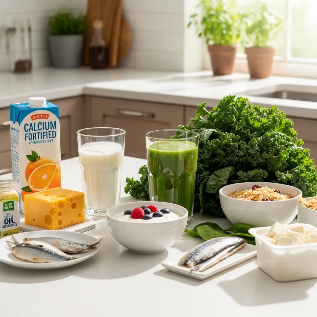 Calcium-rich foods arranged in a kitchen setting, emphasizing their importance for bone health and overall wellness