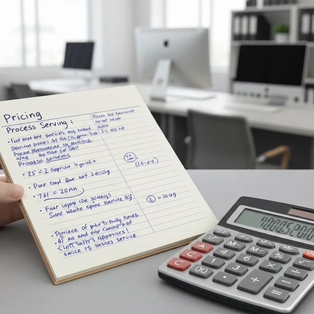 Calculator and notepad with pricing notes for process serving in Stirling