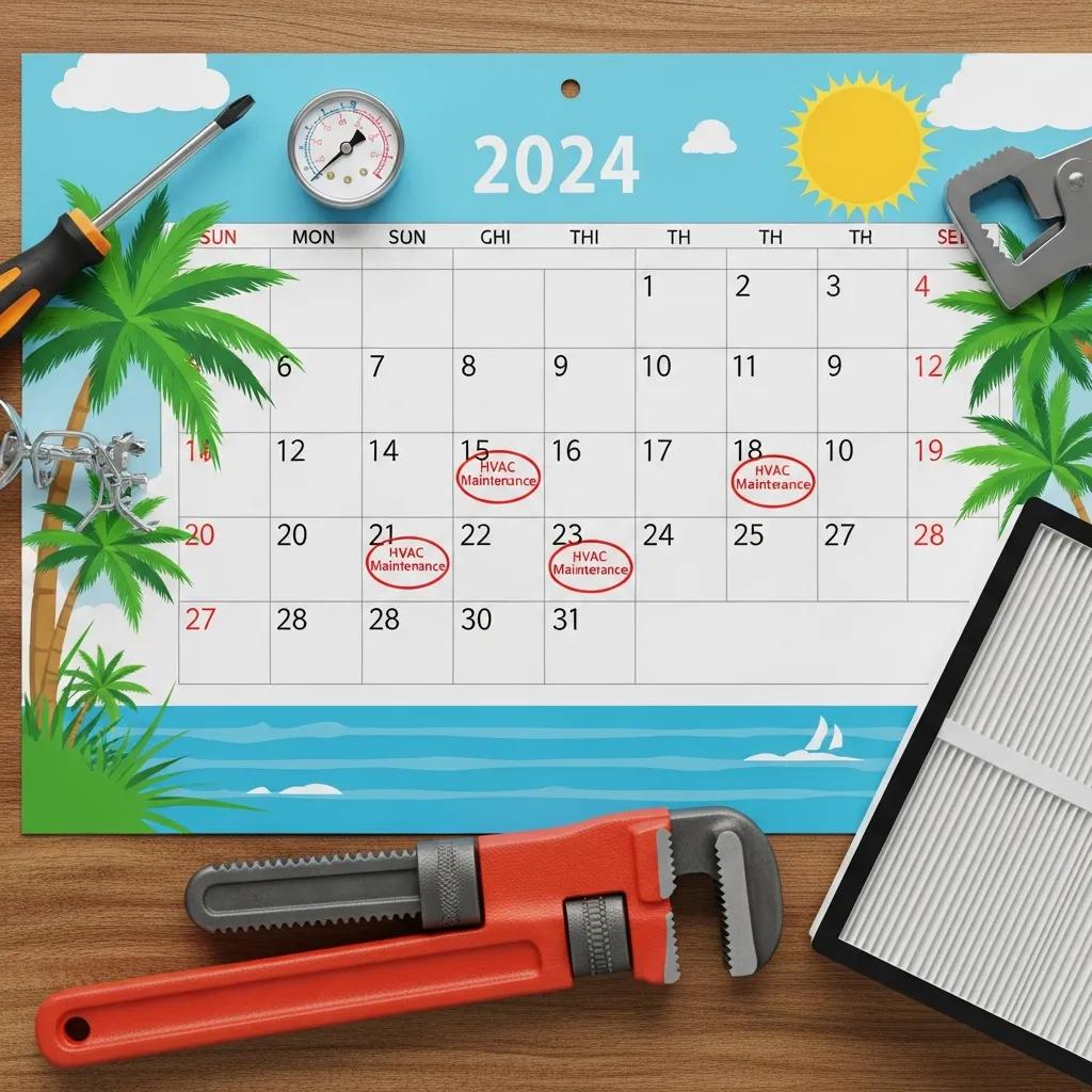 Calendar showing an HVAC maintenance schedule with a tropical backdrop
