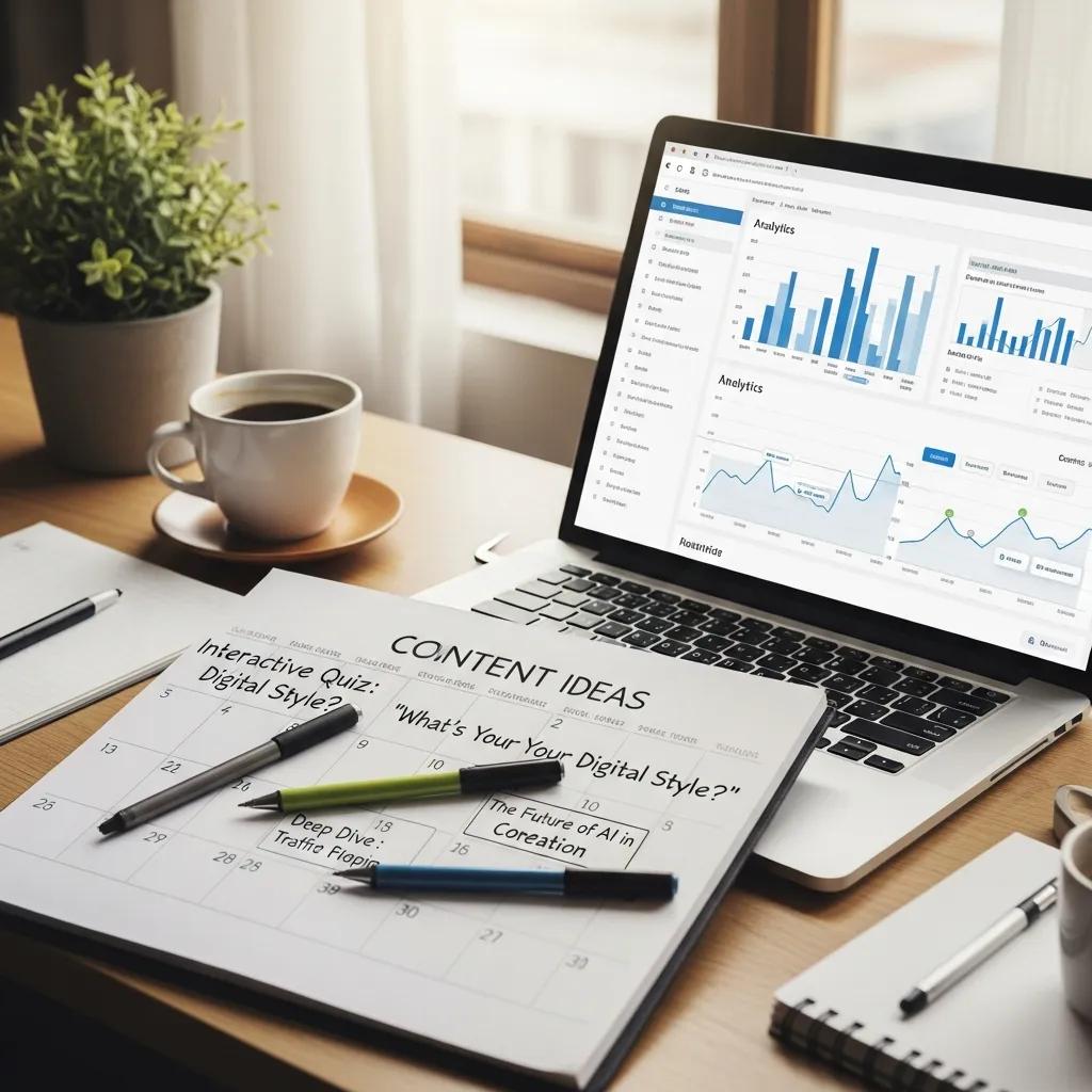Content calendar and analytics on a laptop to plan updates Content calendar and analytics on a laptop to plan updates