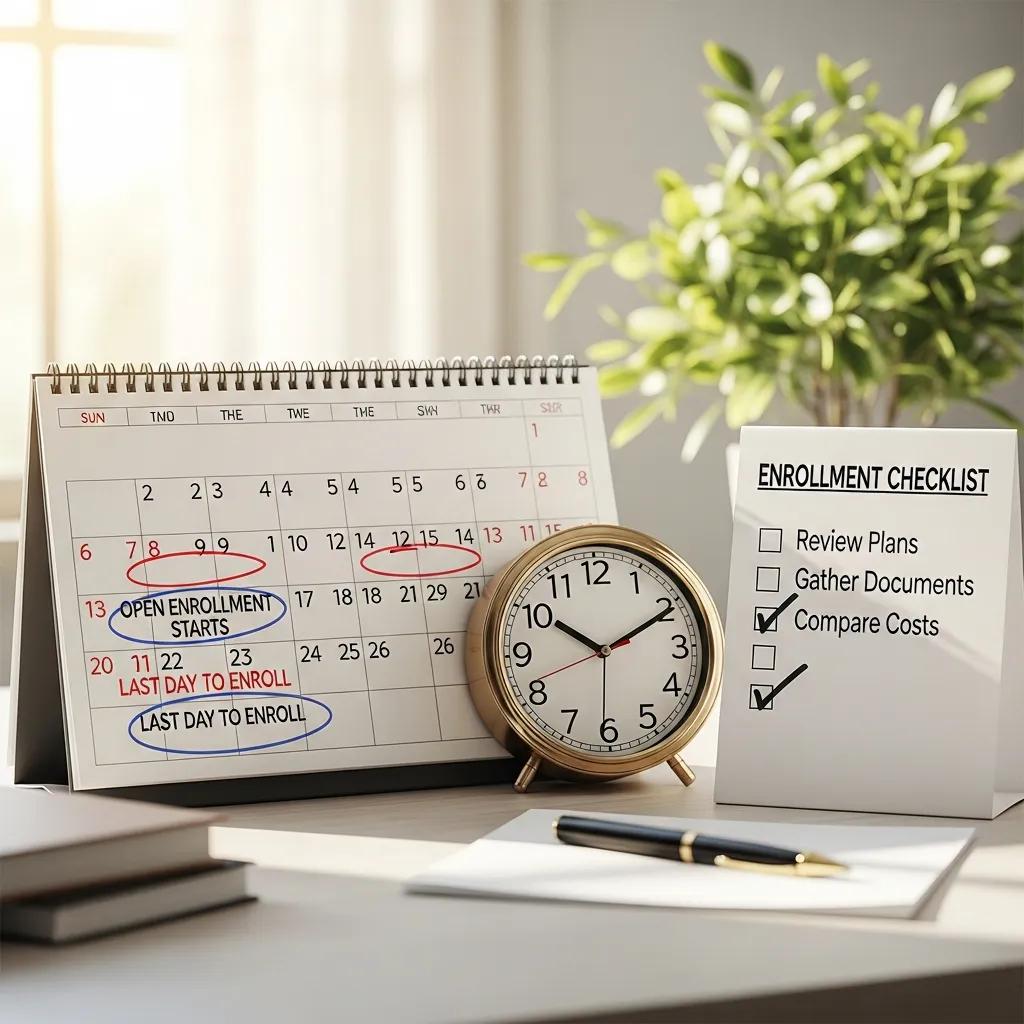 Calendar with marked health insurance enrollment dates and a checklist for timely actions