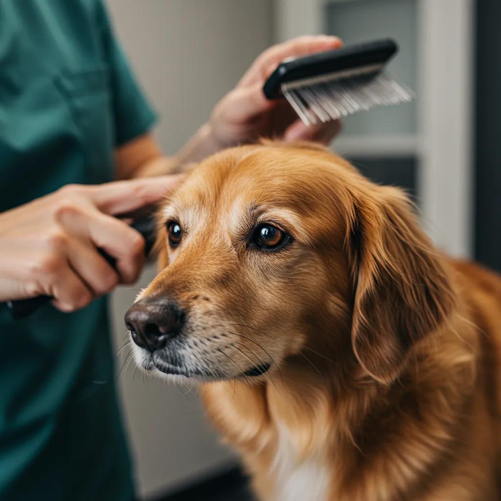 A relaxed dog enjoying a gentle grooming session in its own home, highlighting the stress-free experience