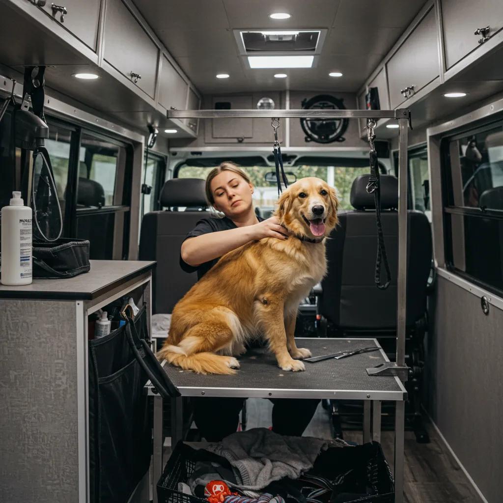 A calm dog receiving gentle grooming inside a mobile van, showcasing reduced anxiety