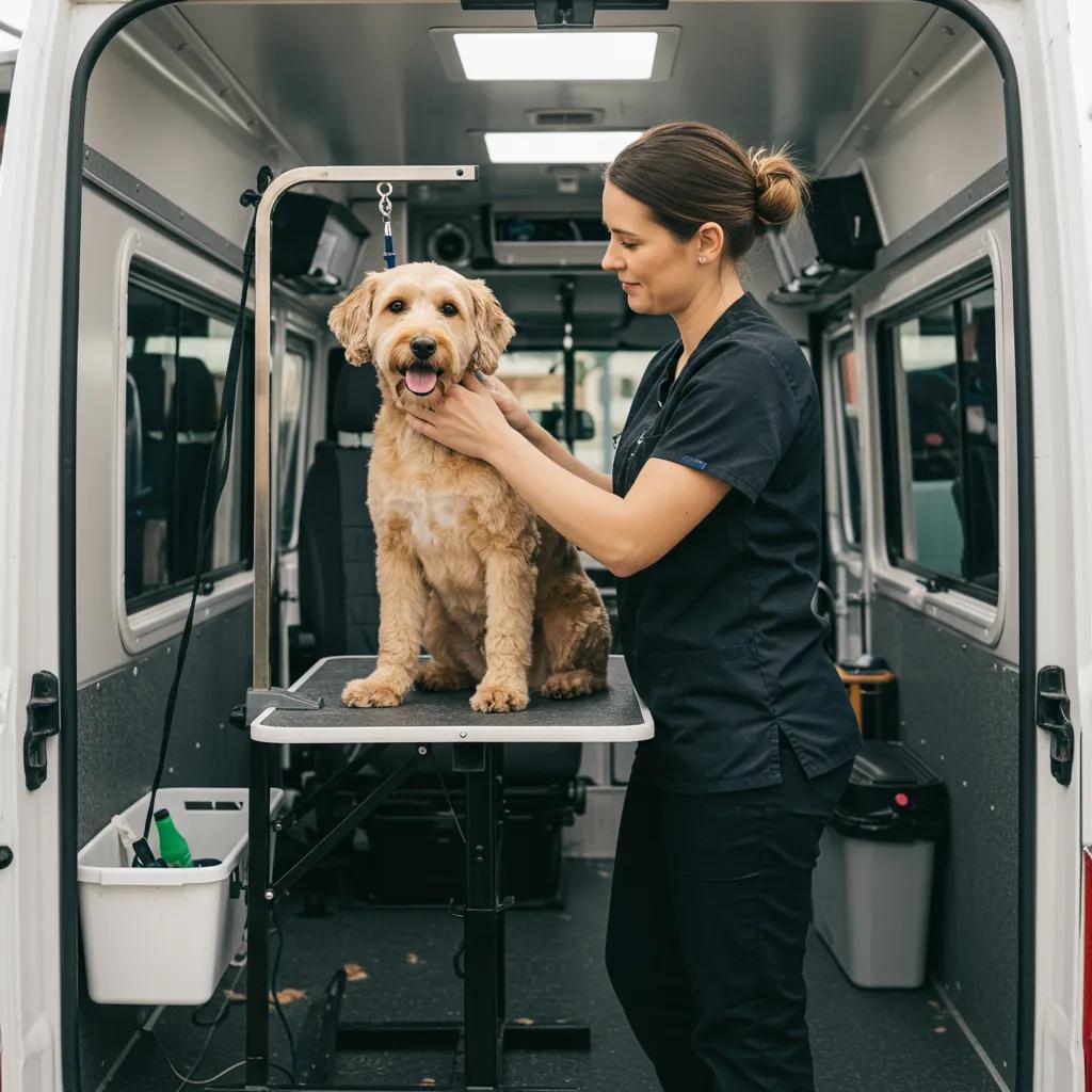 Calm dog enjoying a stress-free grooming session inside a mobile grooming van