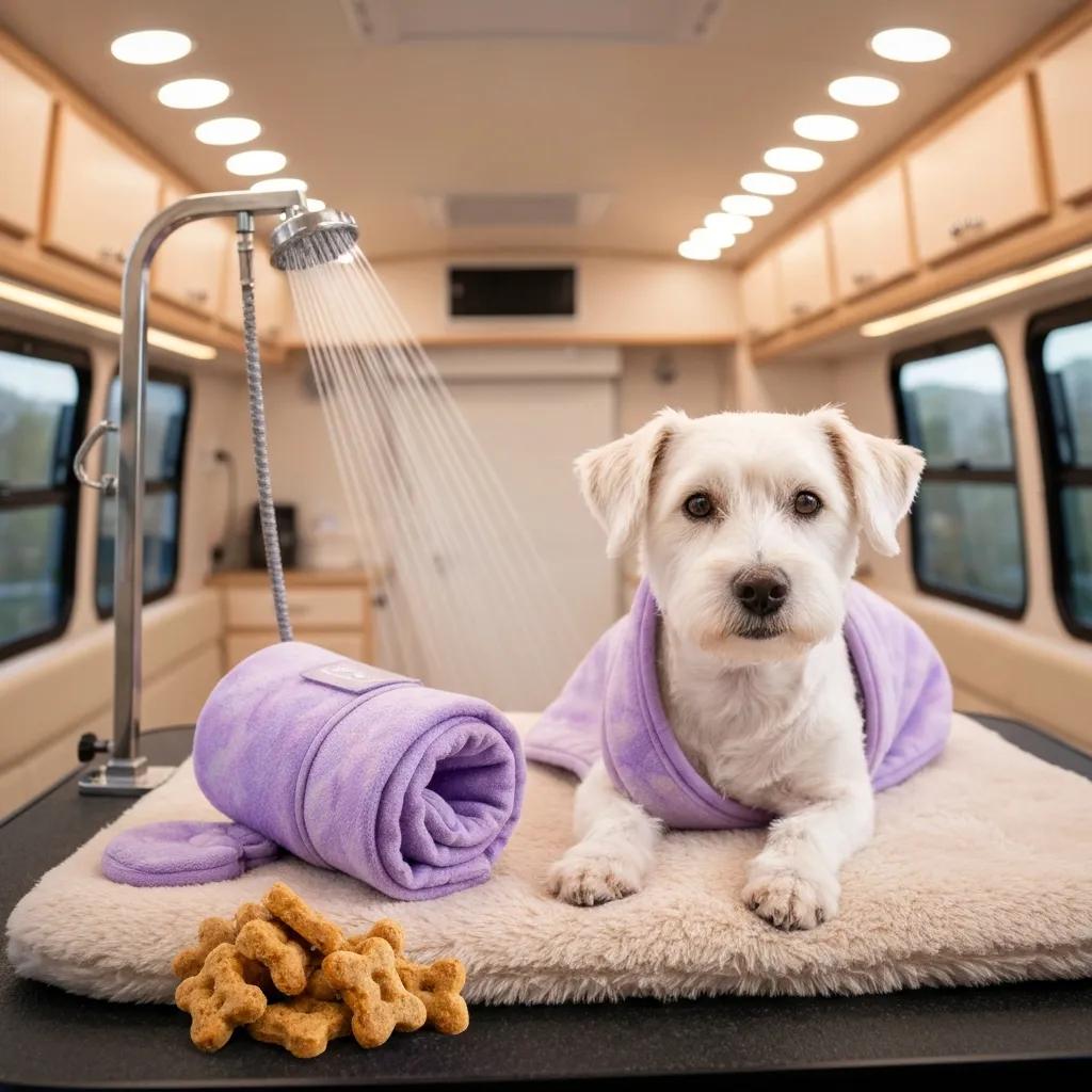 Selection of calming aids used in mobile grooming: calming wrap, gentle showerhead, and bite‑sized training treats