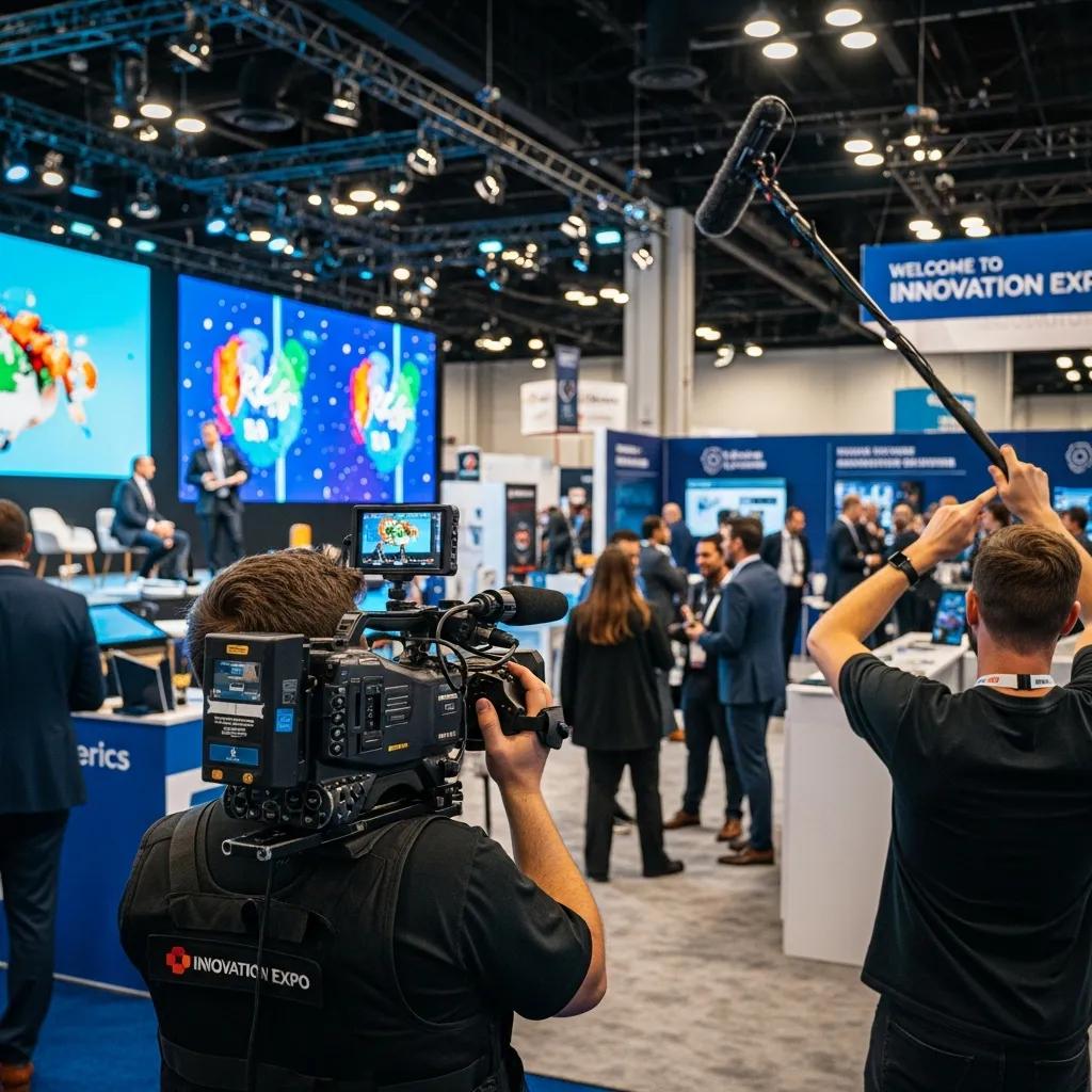 Camera crew filming a lively trade show event with attendees networking