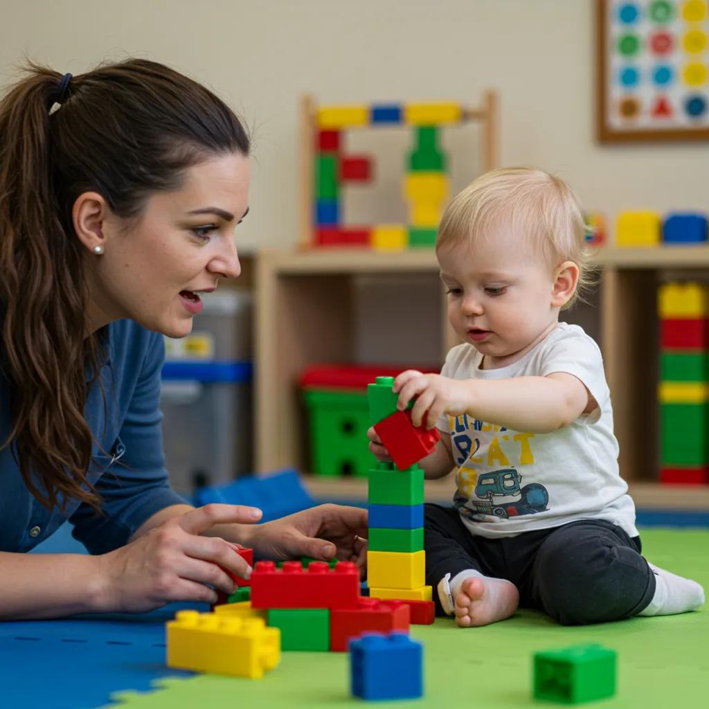 Caregiver and toddler playing with building blocks, illustrating the development of communication skills through daily interactions