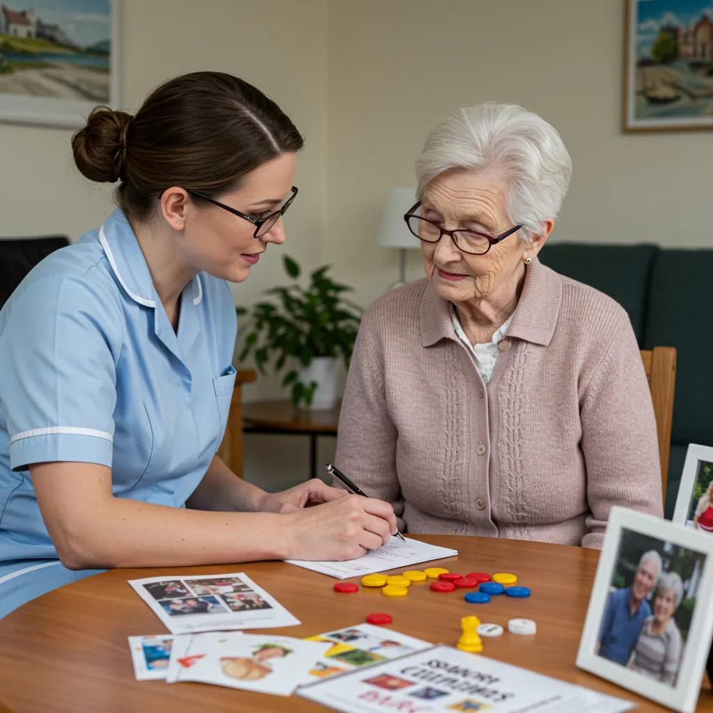 Caregiver assessing a senior's preferences for memory games, emphasizing personalized memory care