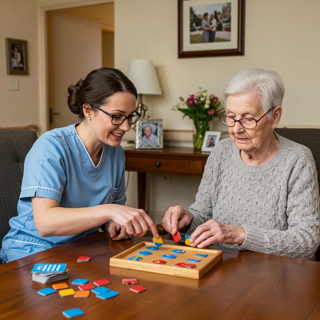 Caregiver assisting a resident with a cognitive game, promoting memory recall and engagement in a warm environment.
