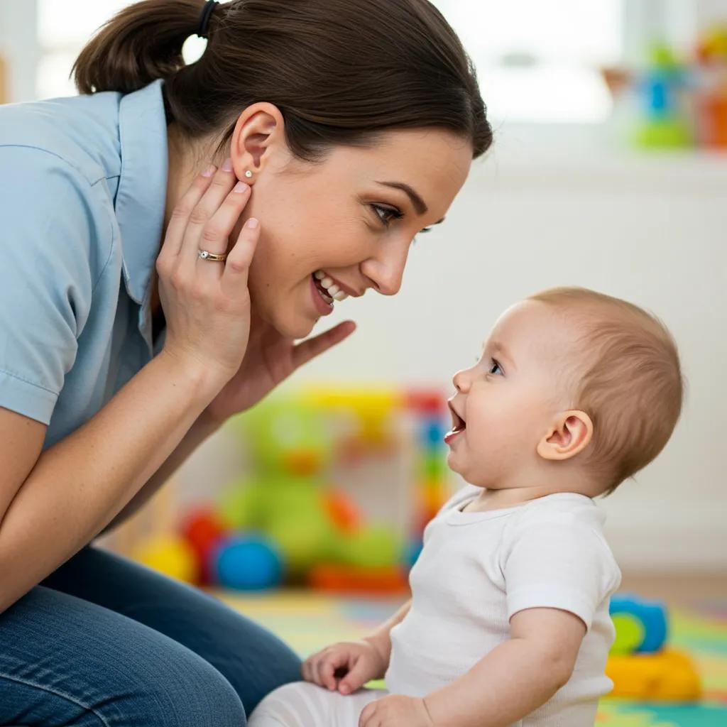 Caregiver engaging in responsive listening with an infant, showcasing the importance of communication in early language development