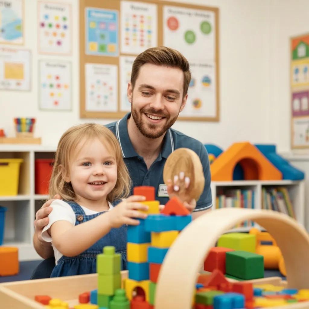 Caregiver interacting with a child in a preschool, illustrating the importance of staff qualifications and engagement