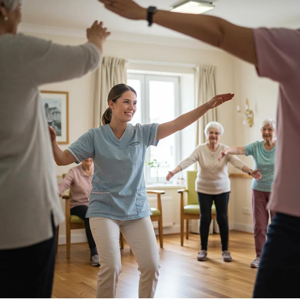 Caregiver leading a gentle exercise session with seniors, enhancing cognitive and emotional health