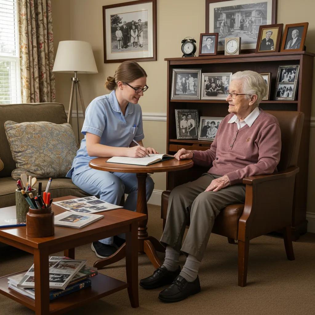 Caregiver personalizing memory care activities with a senior resident using personal memorabilia