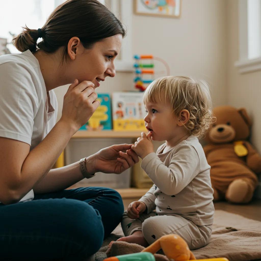 Caregiver practicing active listening with a toddler, enhancing emotional expression in a cozy play area