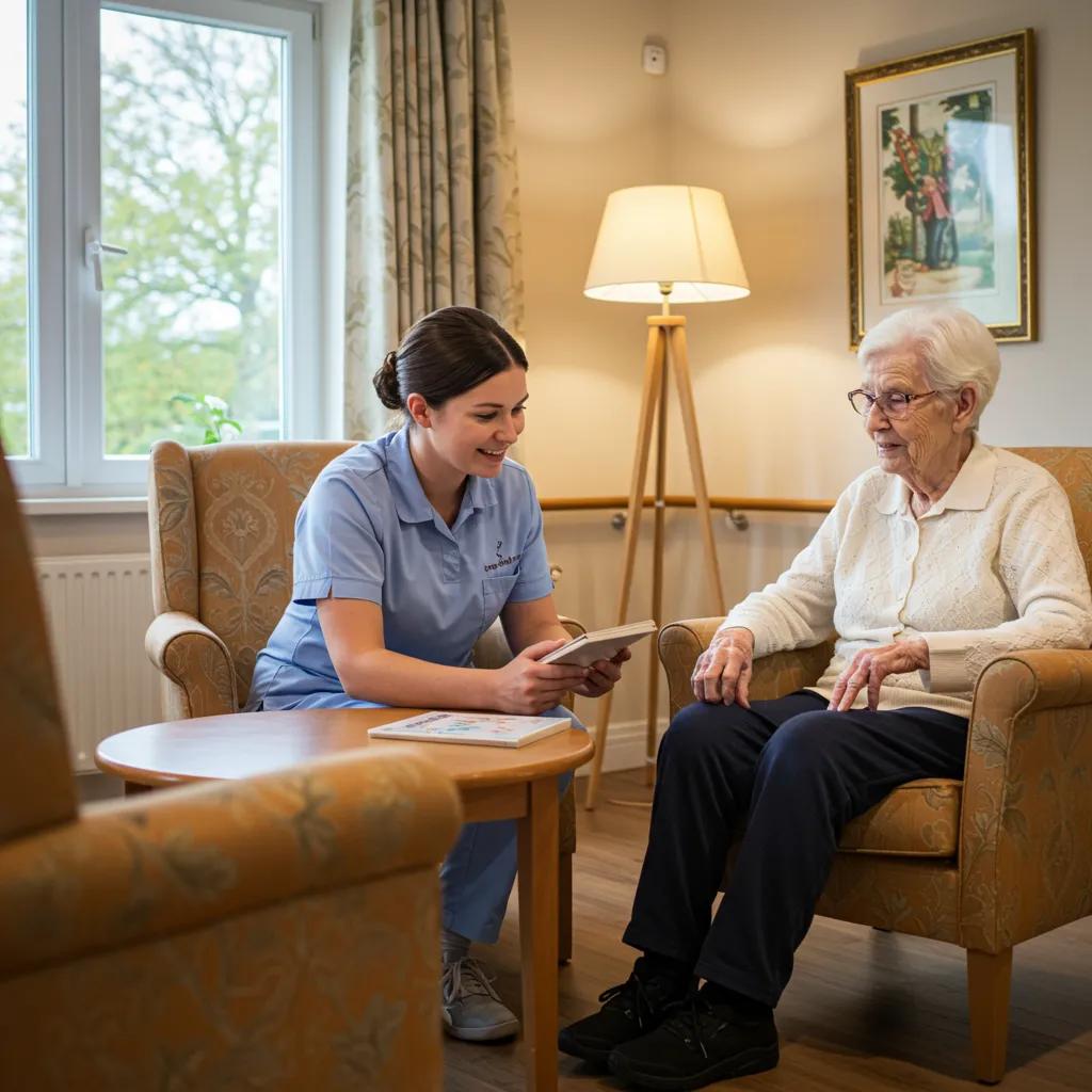 Caregiver providing individualized care to a resident in a memory care facility