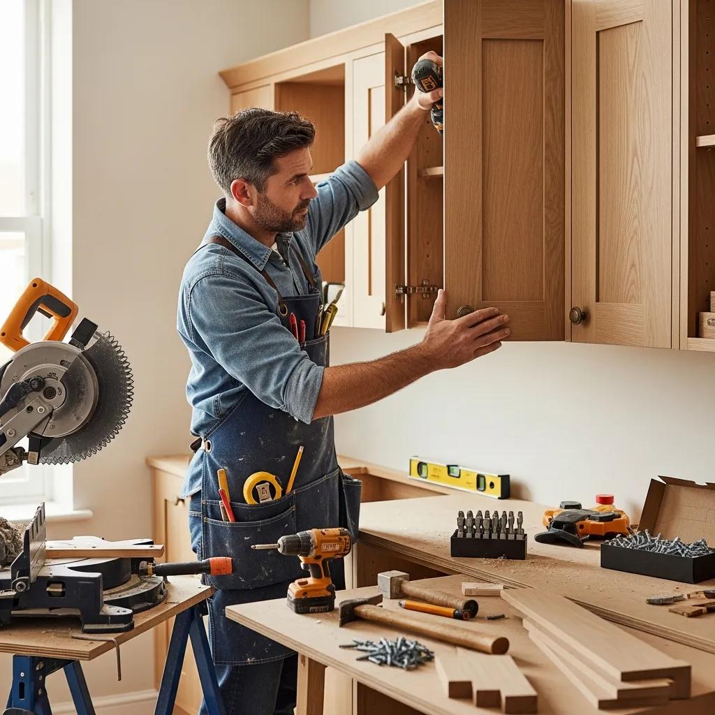 Carpenter installing custom cabinetry highlighting skilled craftsmanship and quality