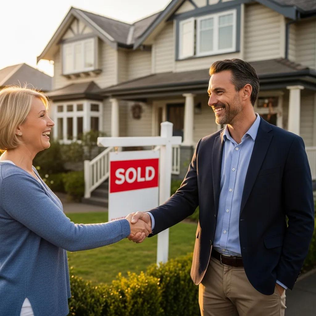 Cash buyer and homeowner shaking hands in front of a sold home