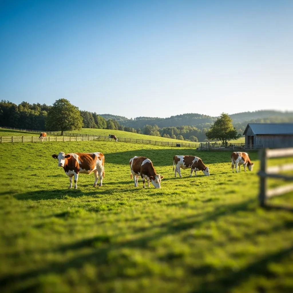 Cattle grazing on a sustainable ranch, illustrating ethical practices and open landscape