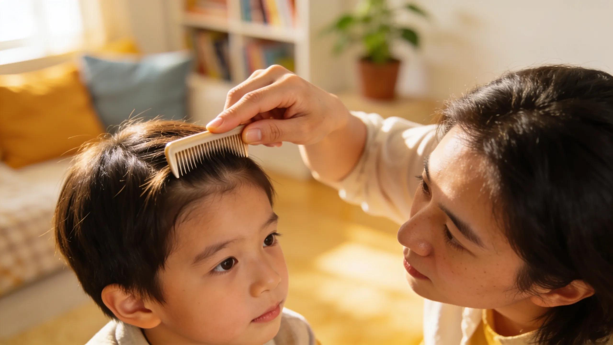 Parent checking child's hair for lice, emphasizing awareness and prevention of head lice infestations