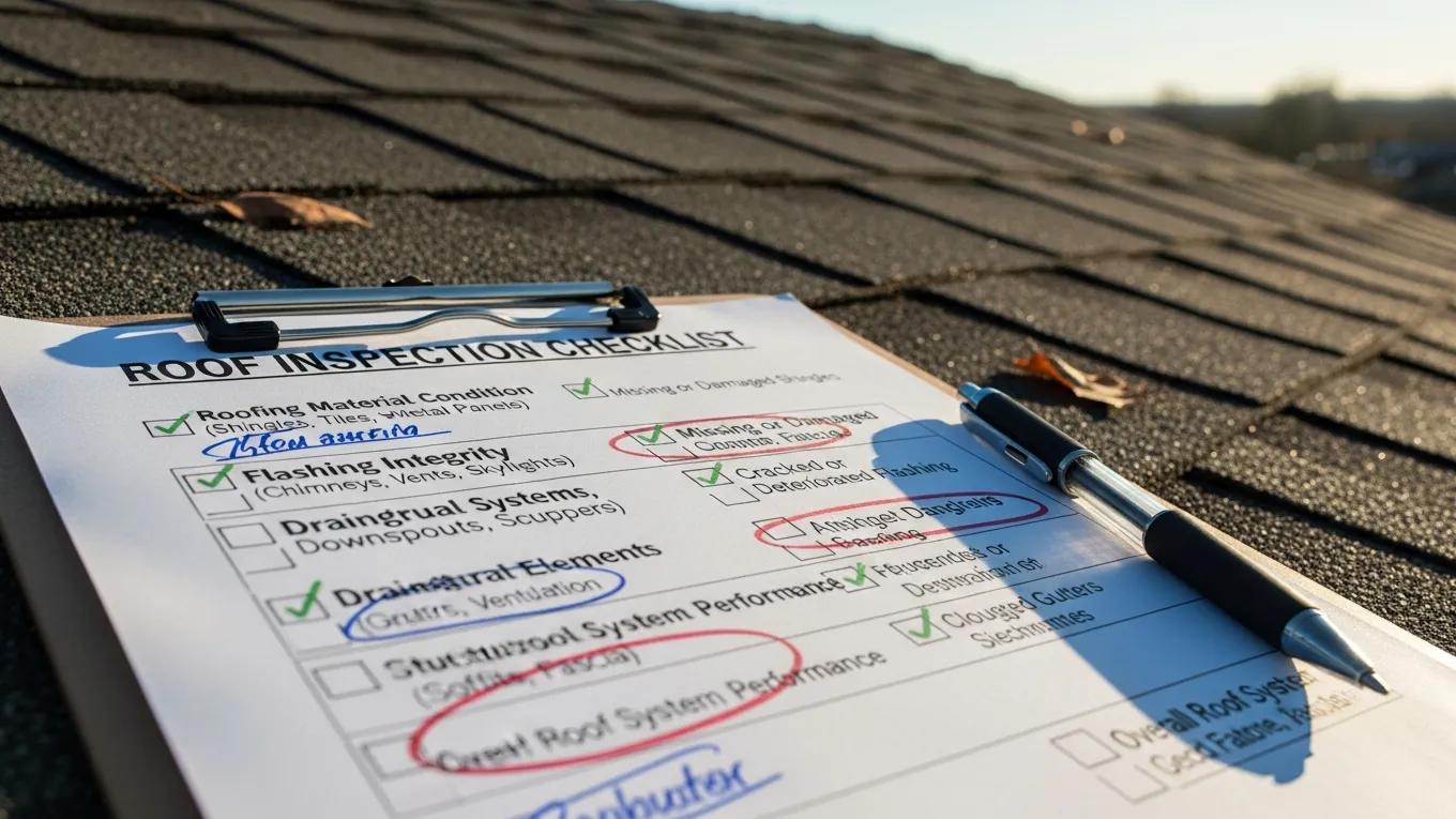 Clipboard with a roof inspection checklist on a rooftop, highlighting thorough inspection components